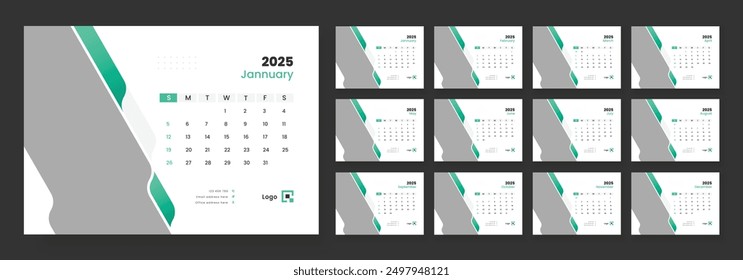 Design der Vorlage Desk Calendar 2025, Beginn der Woche am Sonntag, Office Calendar 2025.