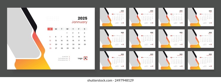 Desk Calendar 2025 template design, Week start on Sunday, Office Calendar 2025.