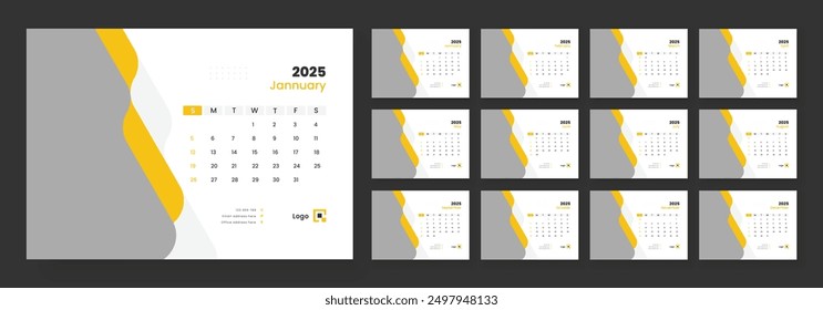 Desk Calendar 2025 template design, Week start on Sunday, Office Calendar 2025.+