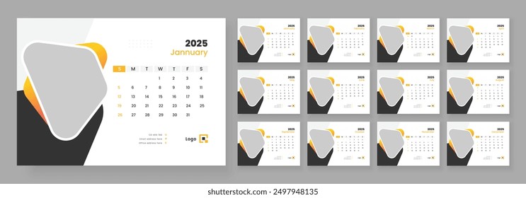 Desk Calendar 2025 template design, Week start on Sunday, Office Calendar 2025.
