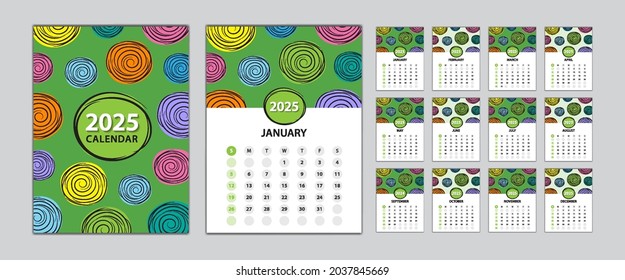 Desk calendar 2025 template set, Calendar design vector illustration, Set, wall calendar 2025 design, Poster, Green cover design, Set of 12 Months, Week start Sunday, advertisement, printing media