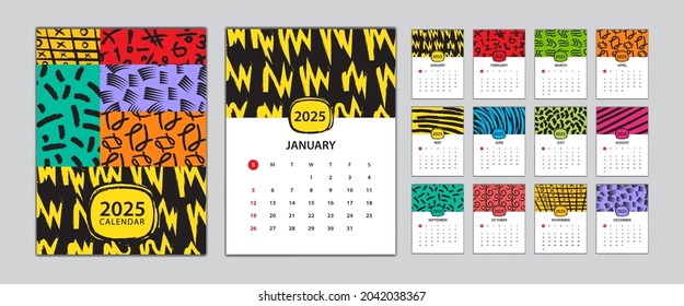 Schreibtischkalender 2025 Vorlage Set, Kalender-Design-Memphis-Stil, Tape-Kalender 2025 Design, Poster, Memphis-Cover-Design, Set von 12 Monaten, Woche Start Sonntag, Werbung, Vektorgrafik