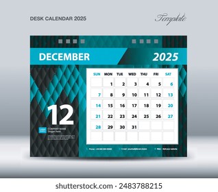 Schreibtischkalender 2025 Vorlage Vektorgrafik, Dezember 2025 Jahr, Wochenbeginn Sonntag, Planer Design, Schreibwarendesign, Flyer Design, Wandkalender 2025 Jahr Design, Druckmedien Kreatividee
