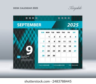 Desk Calendar 2025 template vector, September 2025 year, Week starts Sunday, Planner design, Stationery design, flyer design, wall calendar 2025 year design, printing media creative idea 