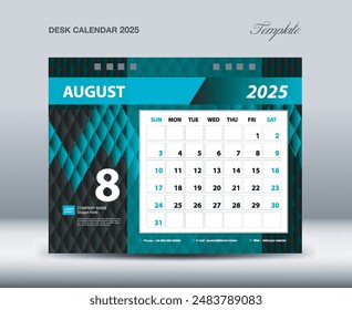 Desk Calendar 2025 template vector, August 2025 year, Week starts Sunday, Planner design, Stationery design, flyer design, wall calendar 2025 year design, printing media creative idea  