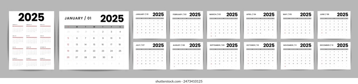 Desk Calendar for 2025, calendar 2025 week start Monday corporate design template vector. Editable.