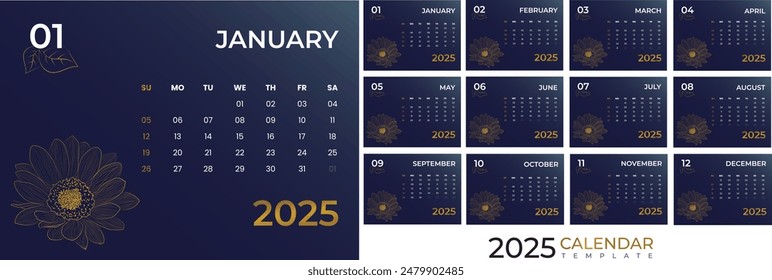 Desk Calendar 2025 week start Sunday corporate design planner template. unique dark background golden floral line art design calendar template. 2024 2025
