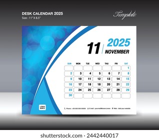 Desk Calendar 2025 year template, November 2025 template, wall calendar 2025 year, Week starts Sunday, Planner design, Stationery design, flyer design, printing media, blue curve backgrund vector