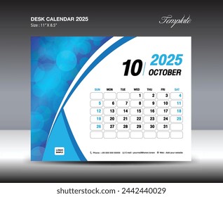 Desk Calendar 2025 year template, October 2025 template, wall calendar 2025 year, Week starts Sunday, Planner design, Stationery design, flyer design, printing media, blue curve backgrund vector