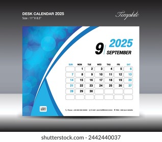 Desk Calendar 2025 year template, September 2025 template, wall calendar 2025 year, Week starts Sunday, Planner design, Stationery design, flyer design, printing media, blue curve backgrund vector