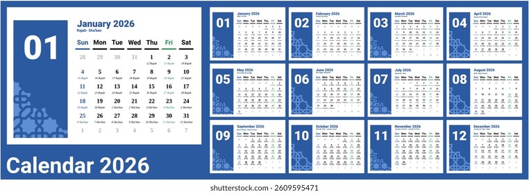 Desk Calendar 2026 with Islamic Hijri calendar . Calendar 2026 with landscape or horizontal design. week start on Sunday. Sunday as weekend. Friday as holy day marked with green.A4 format size.
