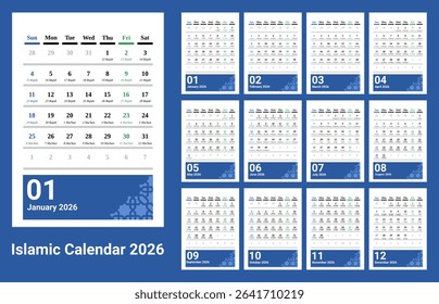 Desk Calendar 2026 with Islamic Hijri calendar . Calendar 2026 with portrait or vertical design. week start on Sunday. Sunday as weekend. Friday as holy day marked with green.A4 format size.