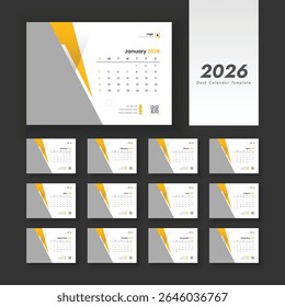 Calendário de mesa 2026 com design mínimo, modelo Vetor do Calendário para 2026 com início da semana no domingo.