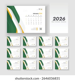 Calendário de mesa 2026 com design mínimo, Modelo de calendário para 2026 com início da semana no domingo.