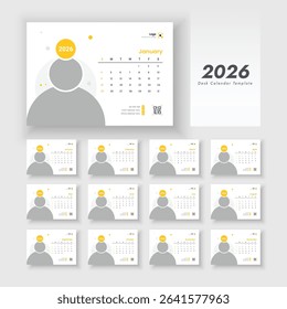Desk Calendar 2026 planner corporate template design set of 12 months. The week starts on Sunday. New Year's 2026 table calendar.