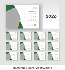 Conjunto de design do modelo corporativo do planejador 2026 do Desk Calendar de 12 meses. Modelo de calendário para 2026 com início de semana no domingo.