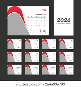 Conjunto de design do modelo do planejador do Calendário de Mesa 2026 de 12 meses. Modelo de calendário para 2026 com início de semana no domingo.