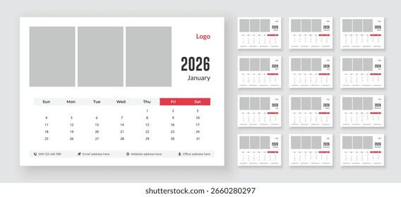 Plantilla del planificador de escritorio 2026, diseño del calendario mensual para el año 2026, la semana comienza el domingo.