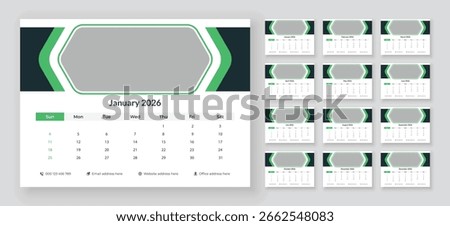 Desk calendar 2026 planner template, New Year 2026 table calendar, corporate desk calendar schedule 2026 monthly planner template, week starts on sunday.