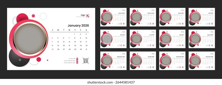 Desk Calendar 2026 modelo 12 meses incluído. A semana começa no domingo.