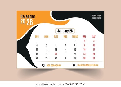 Desk Calendar for 2026 Template Design; Calendar with Clean and Modern Layout; Colourful Background with Editable Colour and Shape  