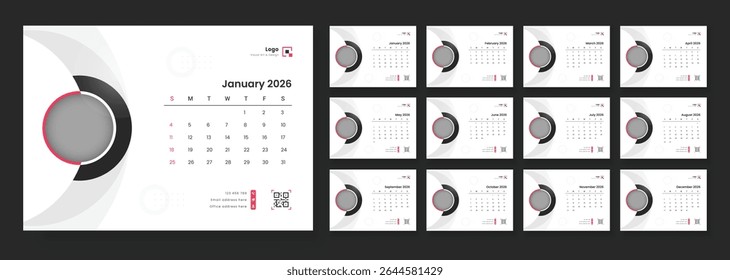 Desk calendar 2026 template. Monthly calendar layout for 2026 year. Calendar template for 2026 with week start on Sunday.