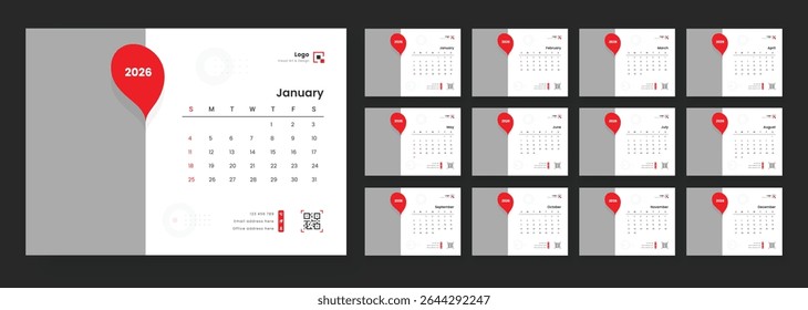 Desk Calendar 2026 template. 2026 Calendar Planner Set of new Template 12 Monthly Page for Corporate or Personal use. Calendar template for 2026 with week start on Sunday.