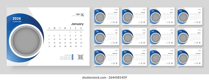 Modelo de calendário de mesa 2026. 2026 Calendário Planejador Conjunto de novos modelos 12 Página Mensal para uso Corporativo ou Pessoal. Modelo de calendário para 2026 com início de semana no domingo.