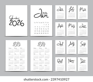 Calendario de escritorio conjunto de plantillas 2026, Calendario 2027-2028, Calendario de fletamento, ilustración de vector dibujada a mano, calendario de pared 2026 años en blanco y negro, Conjunto de 12 meses, La semana comienza el domingo, Papelería