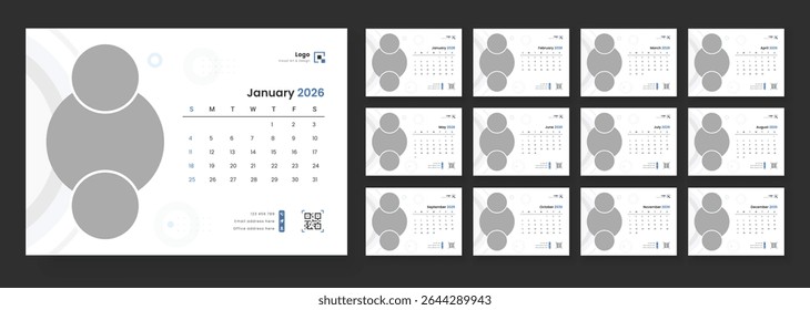 Desk calendar 2026 template. Desk Calendar Template 2026. Desk calendar with week start Sunday for print.