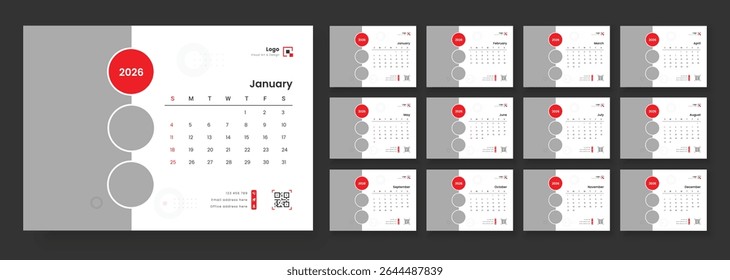Modelo de Calendário de Mesa 2026. Modelo de calendário para 2026 com início de semana no domingo. Calendário de tabela de Ano Novo 2026, Planner simples, Papelaria, mídia de impressão, vetor.