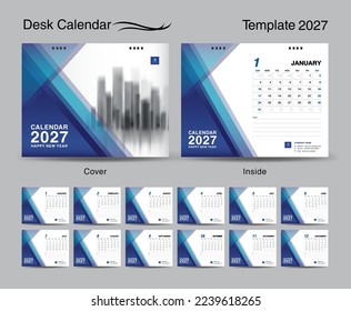 Desk Calendar 2027 template set and Blue polygon cover design, Set of 12 Months, creative calendar 2027 design, wall calendar 2027 year, planner, business template, Stationery, printing media, vector