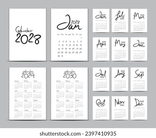 Desk calendar 2028 template set, Calendar 2029-2030, Lettering calendar, hand-drawn vector illustration, wall calendar 2028 year black and white, Set of 12 Months, Week starts Sunday, Stationery