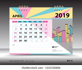 Desk calendar for APRIL 2019 template, Printable calendar, Planner design template, Week starts on Sunday, Stationery design, minimal vector illustration