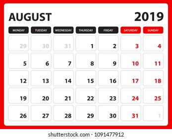Desk calendar for AUGUST 2019 template, Printable calendar, Planner design template, Week starts on Sunday, Stationery design, vector illustration