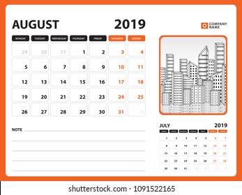 Desk calendar for AUGUST 2019 template, Printable calendar, Planner design template, Week starts on Sunday, Stationery design, vector illustration