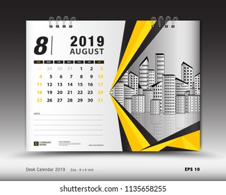 Desk calendar for AUGUST 2019 template, Printable calendar, Planner design template, Week starts on Sunday, Stationery design, vector illustration