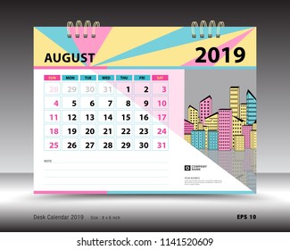 Desk calendar for AUGUST 2019 template, Printable calendar, Planner design template, Week starts on Sunday, Stationery design, minimal vector illustration
