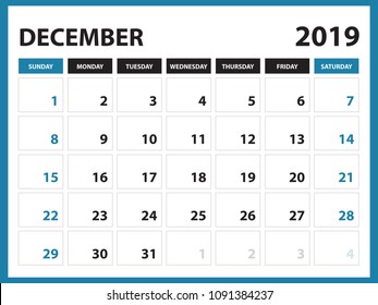 Desk calendar for DECEMBER 2019 template, Printable calendar, Planner design template,  Week starts on Sunday, Stationery design, vector illustration