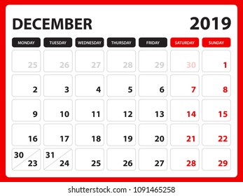 Desk calendar for DECEMBER 2019 template, Printable calendar, Planner design template, Week starts on Sunday, Stationery design, vector illustration