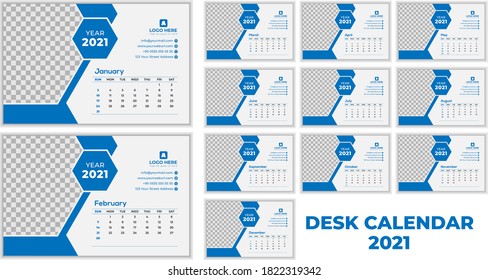 Desk Calendar design 2021 with creative shapes. Horizontal  simple design template. Blue color vector set. Week Starts on Sunday. Monthly calendar ready for print.