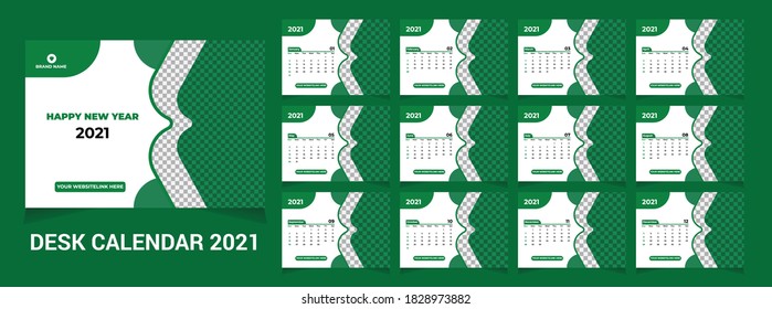 Desk Calendar Design 2021, Table Calendar Design 2021, Business Calendar, Green Calendar, Vector Illustration