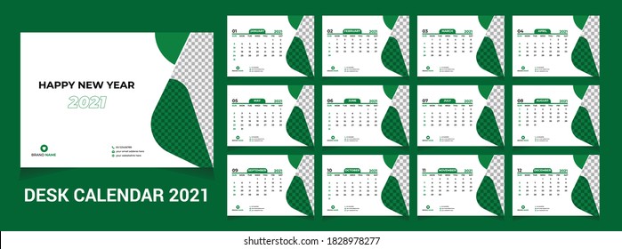 Desk Calendar Design 2021, Table Calendar Design 2021, Business Calendar, Green Calendar, Vector Illustration