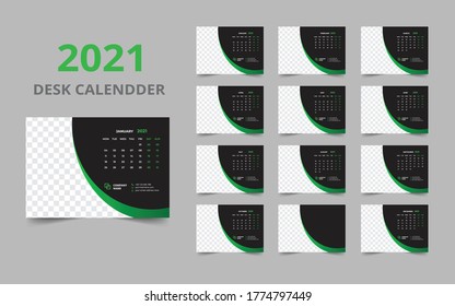 Desk calendar design 2021 template Set of 12 Months, Week starts Monday, Stationery design, calendar planner