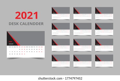Desk calendar design 2021 template Set of 12 Months, Week starts Monday, Stationery design, calendar planner