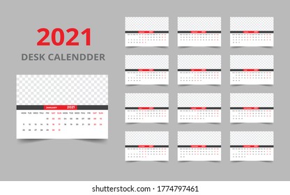 Desk calendar design 2021 template Set of 12 Months, Week starts Monday, Stationery design, calendar planner