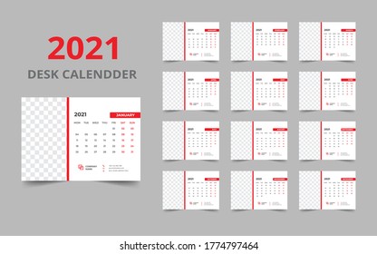 Desk calendar design 2021 template Set of 12 Months, Week starts Monday, Stationery design, calendar planner