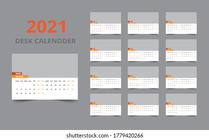 Desk calendar design 2021 template Set of 12 Months, Week starts Monday, Stationery design, calendar planner
