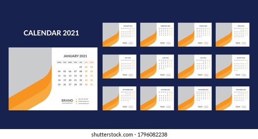 Desk calendar design 2021 template Set of 12 Months, Week starts Monday, Stationery design, calendar planner