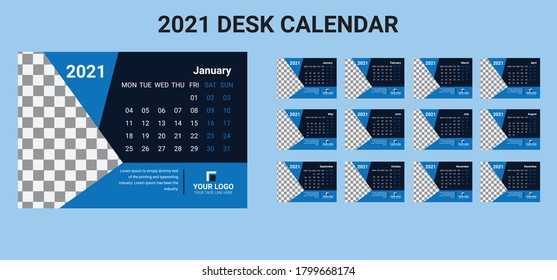 Desk calendar design 2021 template Set of 12 Months, Week starts Monday, Stationery design, calendar planner